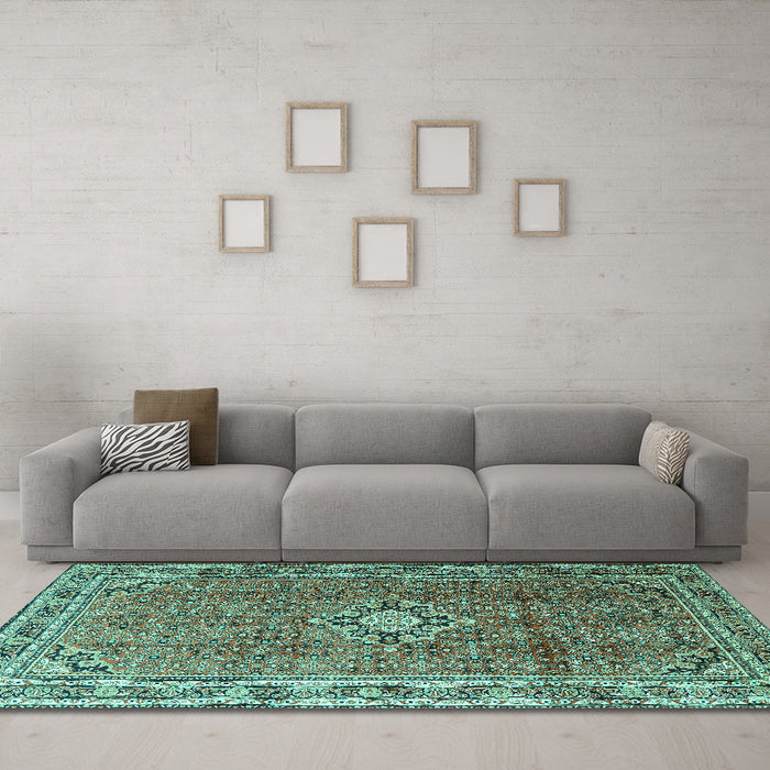 Machine Washable Persian Turquoise Traditional Area Rugs in a Living Room,, wshtr1218turq