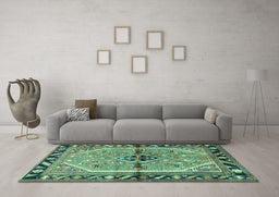 Machine Washable Persian Turquoise Traditional Area Rugs in a Living Room,, wshtr1219turq