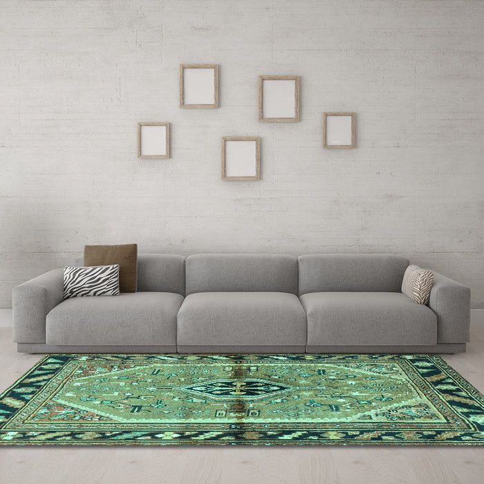 Machine Washable Persian Turquoise Traditional Area Rugs in a Living Room,, wshtr1219turq