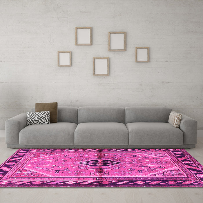 Machine Washable Persian Pink Traditional Rug in a Living Room, wshtr1219pnk