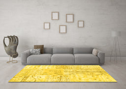 Machine Washable Patchwork Yellow Transitional Rug in a Living Room, wshtr121yw