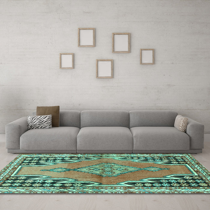 Machine Washable Persian Turquoise Traditional Area Rugs in a Living Room,, wshtr1220turq