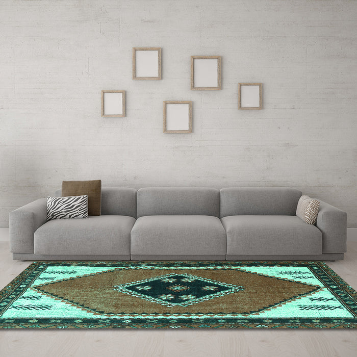 Machine Washable Persian Turquoise Traditional Area Rugs in a Living Room,, wshtr1221turq