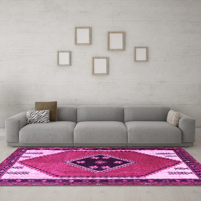 Machine Washable Persian Pink Traditional Rug in a Living Room, wshtr1221pnk