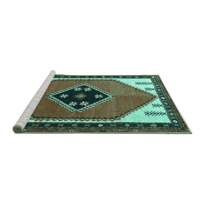 Sideview of Machine Washable Persian Turquoise Traditional Area Rugs, wshtr1221turq