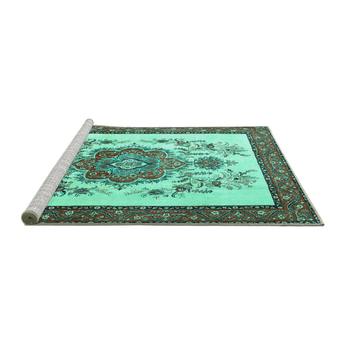 Sideview of Machine Washable Persian Turquoise Traditional Area Rugs, wshtr1222turq