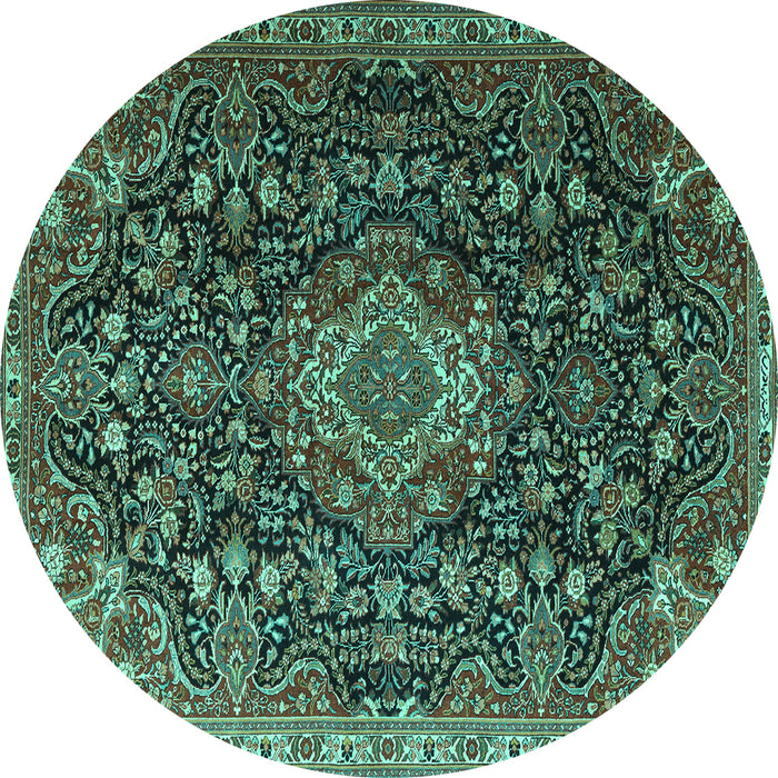 Round Machine Washable Medallion Turquoise Traditional Area Rugs, wshtr1223turq