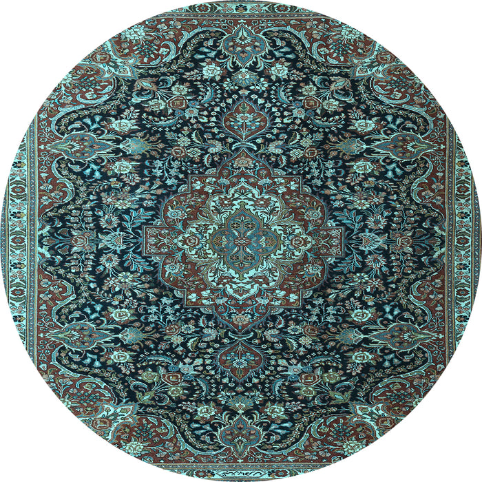 Round Machine Washable Medallion Light Blue Traditional Rug, wshtr1223lblu