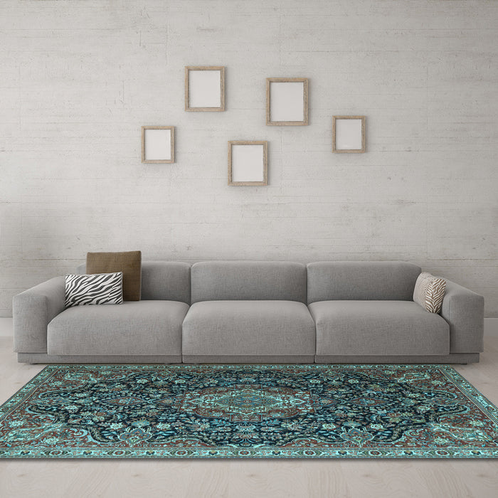 Machine Washable Medallion Light Blue Traditional Rug in a Living Room, wshtr1223lblu