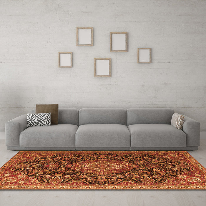 Machine Washable Medallion Orange Traditional Area Rugs in a Living Room, wshtr1223org