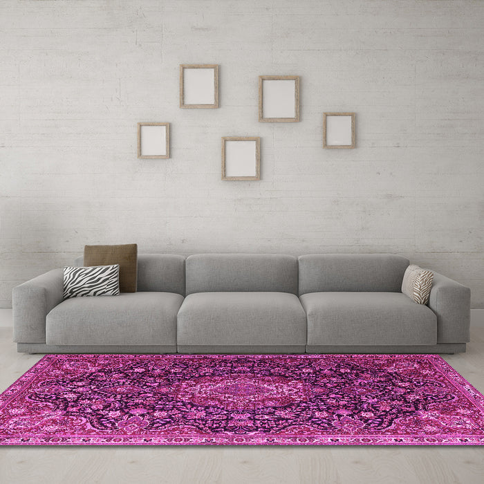 Machine Washable Medallion Pink Traditional Rug in a Living Room, wshtr1223pnk