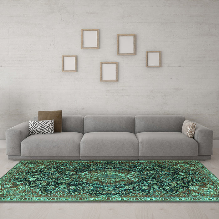 Machine Washable Medallion Turquoise Traditional Area Rugs in a Living Room,, wshtr1223turq