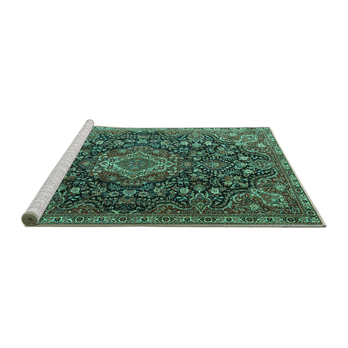 Sideview of Machine Washable Medallion Turquoise Traditional Area Rugs, wshtr1223turq