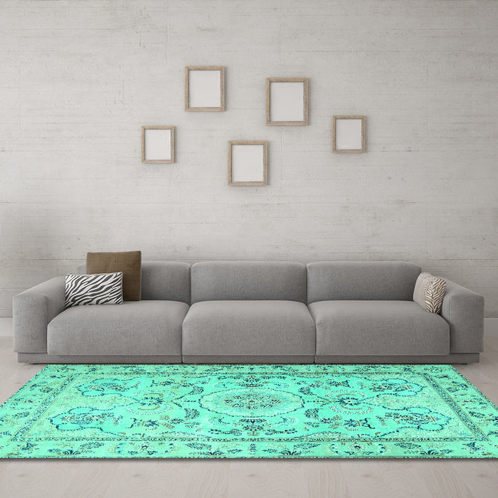 Machine Washable Medallion Turquoise Traditional Area Rugs in a Living Room,, wshtr1224turq
