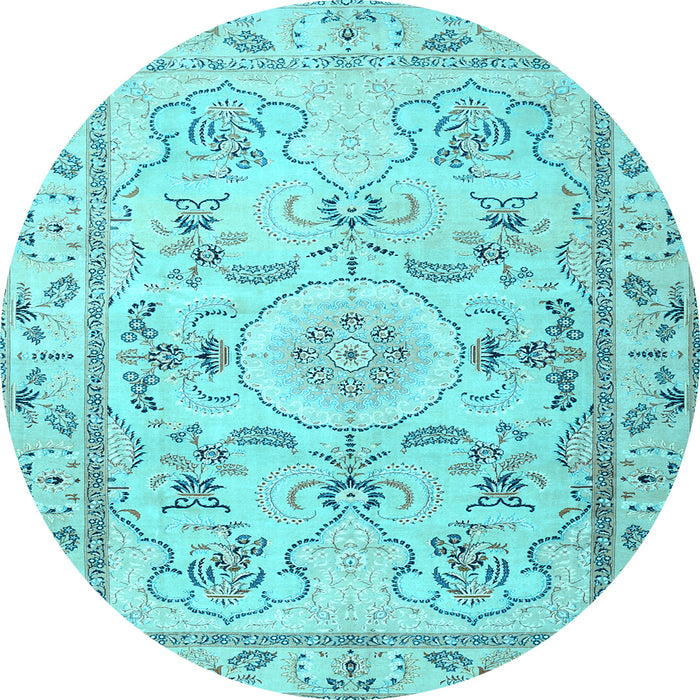 Round Machine Washable Medallion Light Blue Traditional Rug, wshtr1224lblu