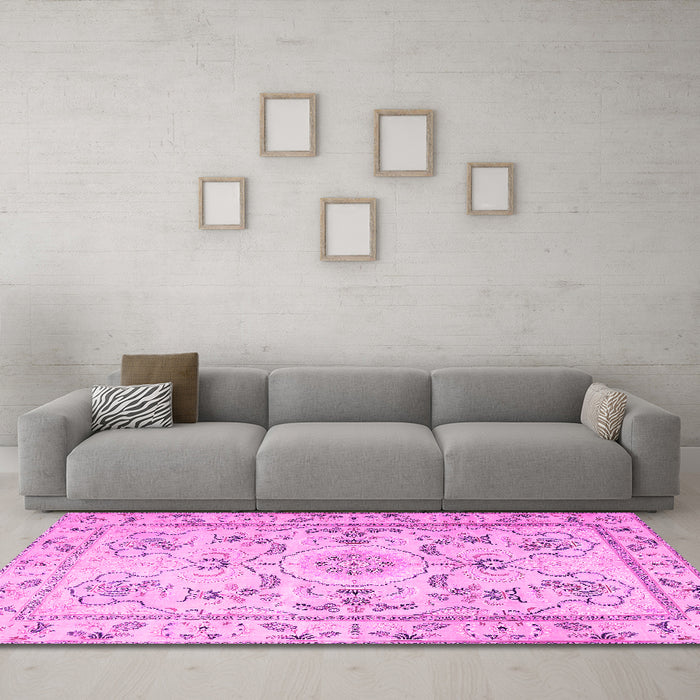 Machine Washable Medallion Pink Traditional Rug in a Living Room, wshtr1224pnk