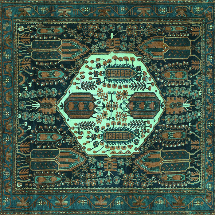 Square Machine Washable Medallion Turquoise Traditional Area Rugs, wshtr1226turq