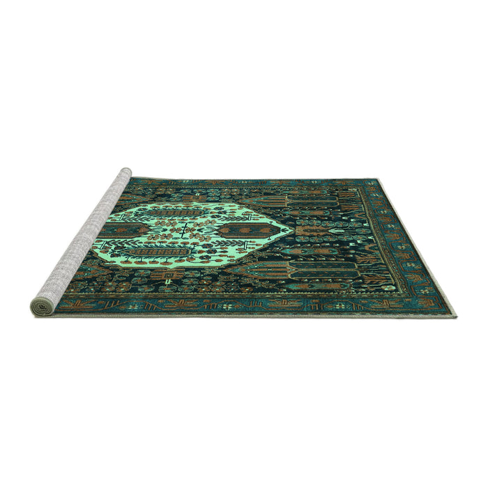 Sideview of Machine Washable Medallion Turquoise Traditional Area Rugs, wshtr1226turq