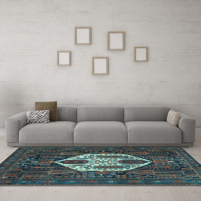 Machine Washable Medallion Light Blue Traditional Rug in a Living Room, wshtr1226lblu