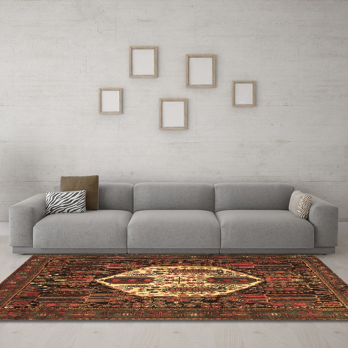 Machine Washable Medallion Brown Traditional Rug in a Living Room,, wshtr1226brn
