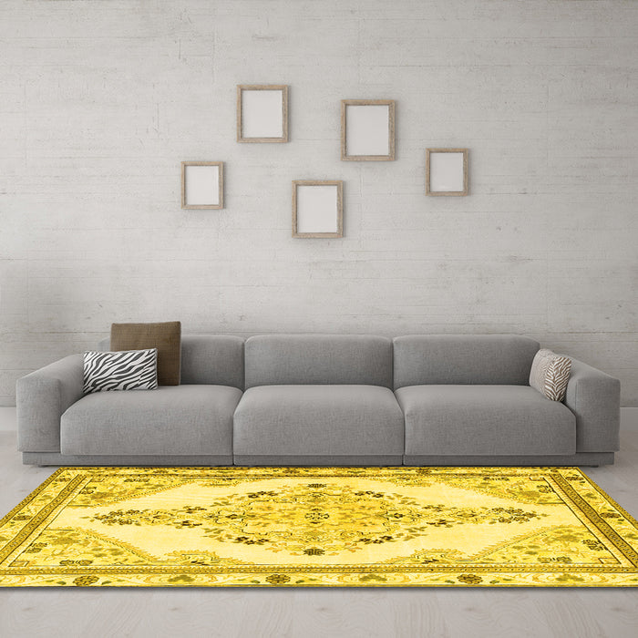 Machine Washable Medallion Yellow Traditional Rug in a Living Room, wshtr1227yw