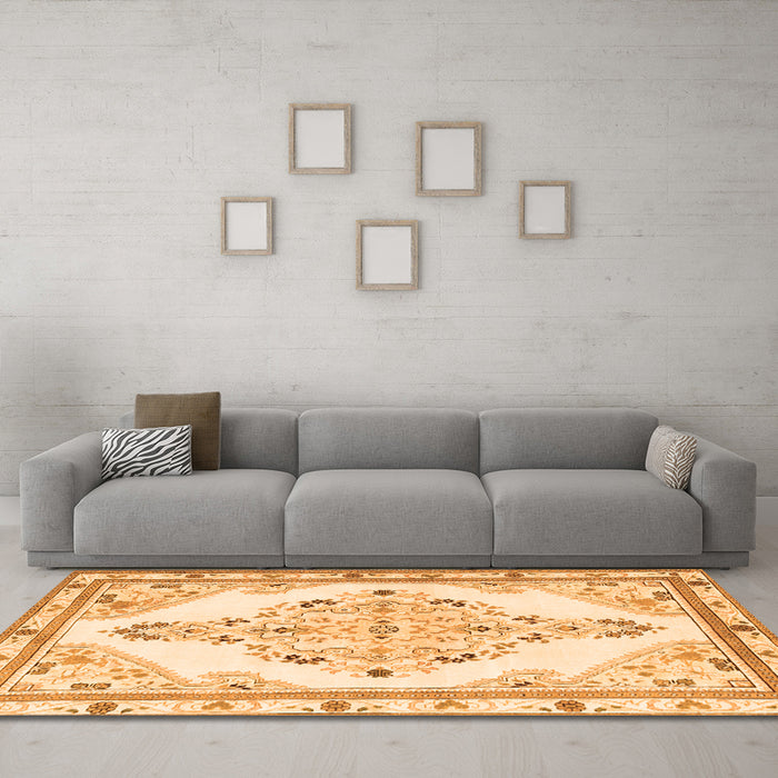 Machine Washable Medallion Orange Traditional Area Rugs in a Living Room, wshtr1227org