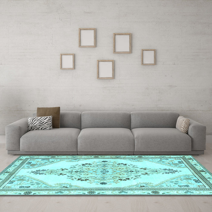 Machine Washable Medallion Light Blue Traditional Rug in a Living Room, wshtr1227lblu