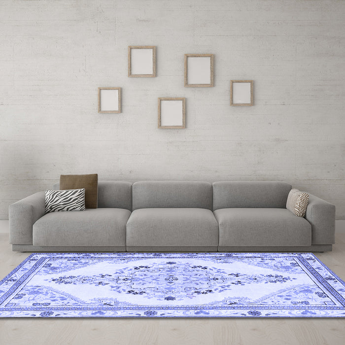 Machine Washable Medallion Blue Traditional Rug in a Living Room, wshtr1227blu