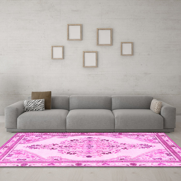 Machine Washable Medallion Pink Traditional Rug in a Living Room, wshtr1227pnk