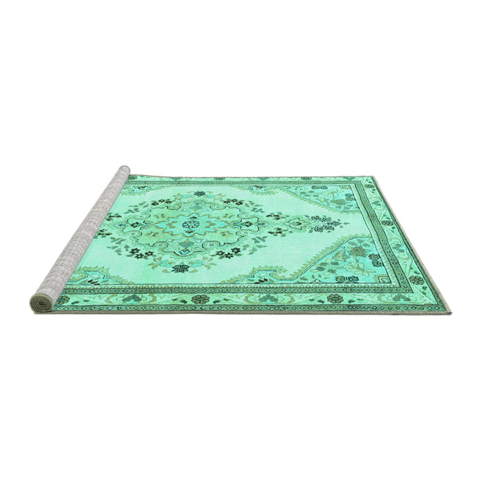 Sideview of Machine Washable Medallion Turquoise Traditional Area Rugs, wshtr1227turq
