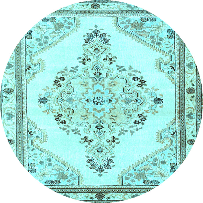 Round Machine Washable Medallion Light Blue Traditional Rug, wshtr1227lblu