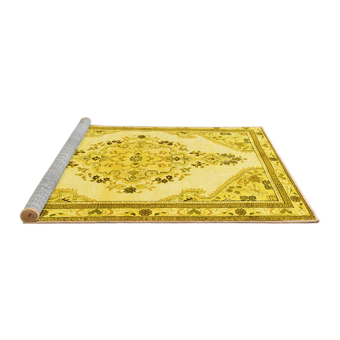 Sideview of Machine Washable Medallion Yellow Traditional Rug, wshtr1227yw