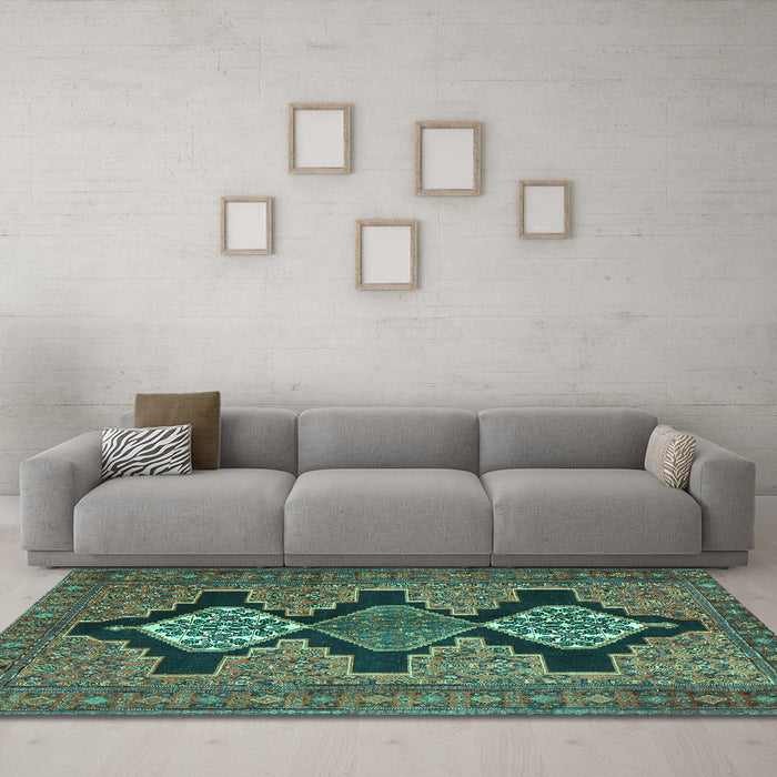 Machine Washable Persian Turquoise Traditional Area Rugs in a Living Room,, wshtr1228turq