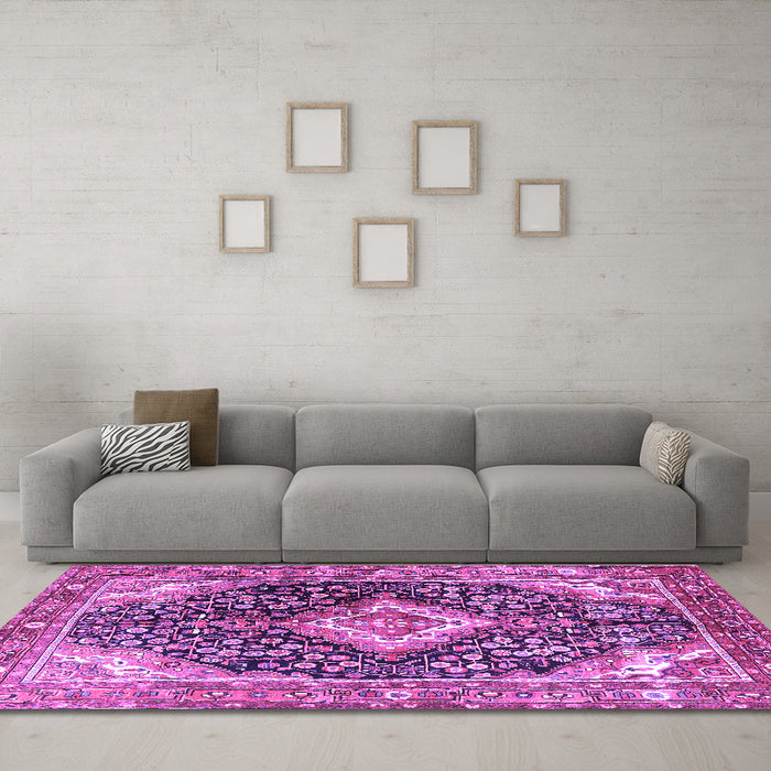 Machine Washable Medallion Purple Traditional Area Rugs in a Living Room, wshtr1229pur