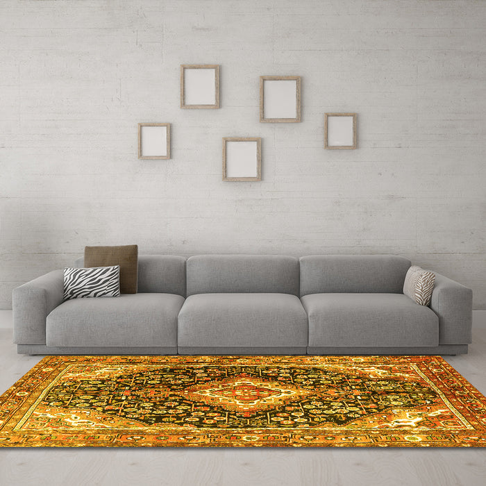 Machine Washable Medallion Yellow Traditional Rug in a Living Room, wshtr1229yw