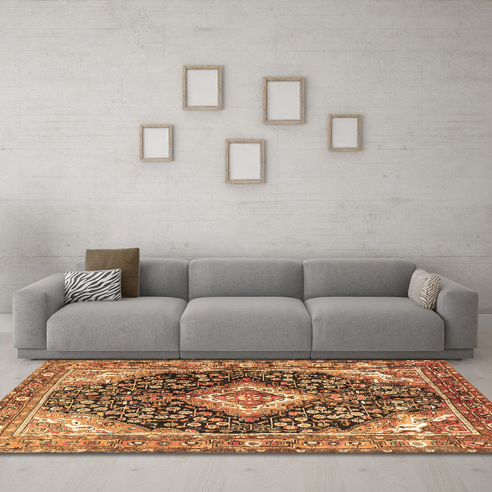 Machine Washable Medallion Brown Traditional Rug in a Living Room,, wshtr1229brn