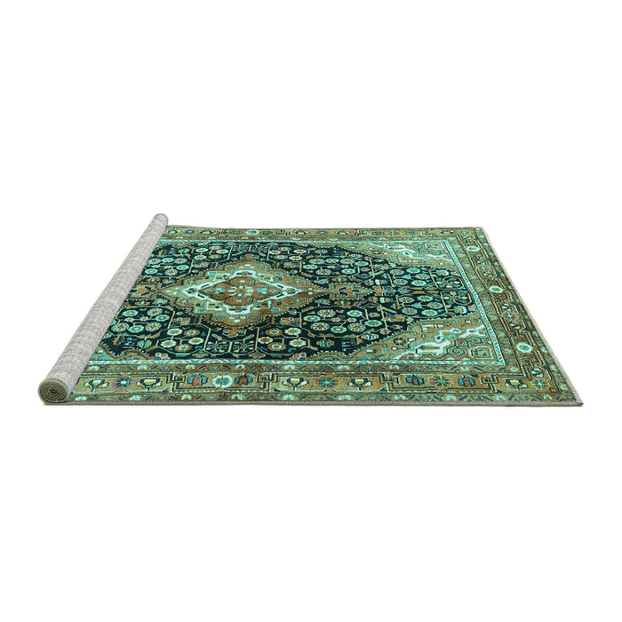 Sideview of Machine Washable Medallion Turquoise Traditional Area Rugs, wshtr1229turq