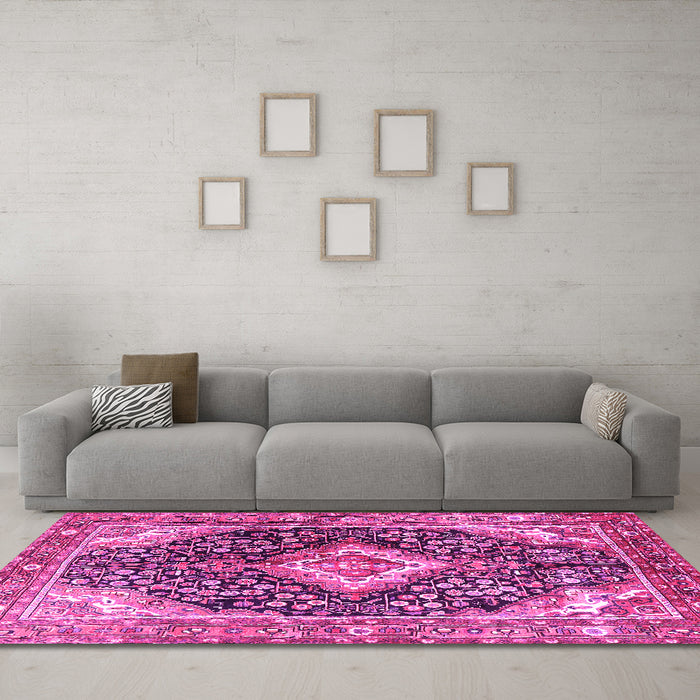 Machine Washable Medallion Pink Traditional Rug in a Living Room, wshtr1229pnk