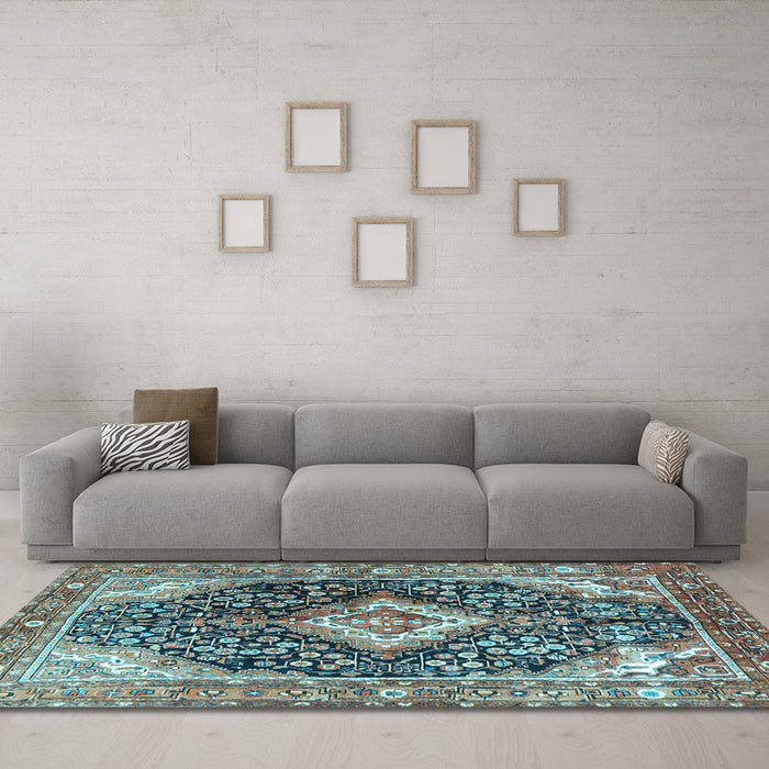 Machine Washable Medallion Light Blue Traditional Rug in a Living Room, wshtr1229lblu