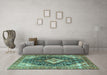 Machine Washable Medallion Turquoise Traditional Area Rugs in a Living Room,, wshtr1229turq