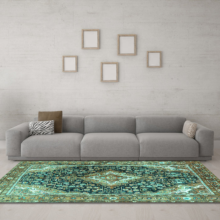 Machine Washable Medallion Turquoise Traditional Area Rugs in a Living Room,, wshtr1229turq