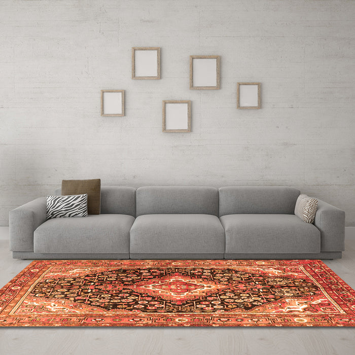Machine Washable Medallion Orange Traditional Area Rugs in a Living Room, wshtr1229org