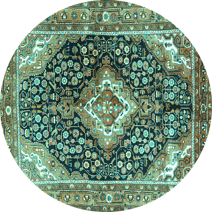 Round Machine Washable Medallion Turquoise Traditional Area Rugs, wshtr1229turq