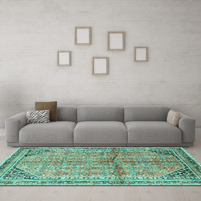 Machine Washable Persian Turquoise Traditional Area Rugs in a Living Room,, wshtr1230turq