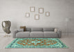 Machine Washable Medallion Turquoise Traditional Area Rugs in a Living Room,, wshtr1231turq