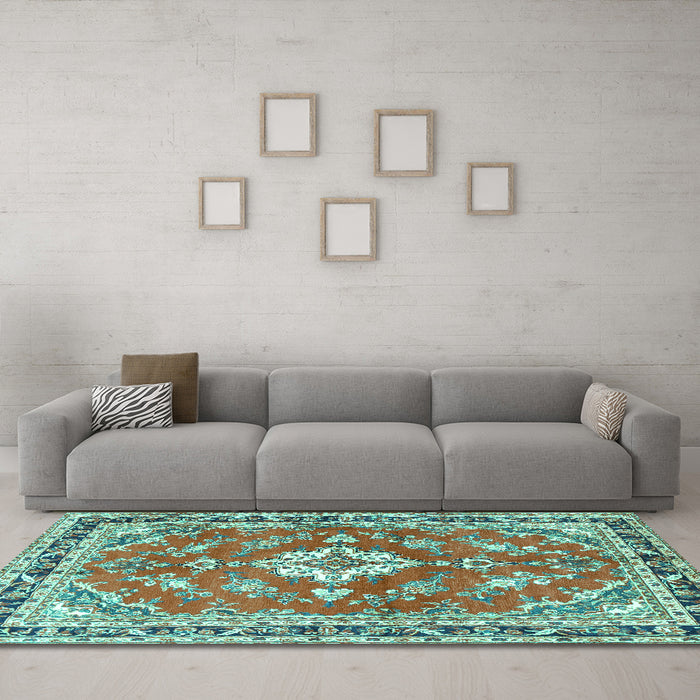 Machine Washable Medallion Turquoise Traditional Area Rugs in a Living Room,, wshtr1231turq