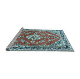 Sideview of Machine Washable Medallion Light Blue Traditional Rug, wshtr1231lblu
