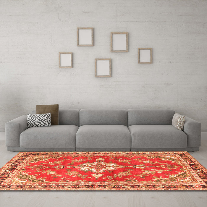 Machine Washable Medallion Orange Traditional Area Rugs in a Living Room, wshtr1231org