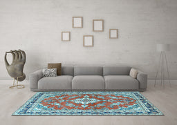 Machine Washable Medallion Light Blue Traditional Rug in a Living Room, wshtr1231lblu