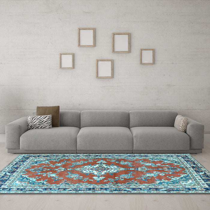 Machine Washable Medallion Light Blue Traditional Rug in a Living Room, wshtr1231lblu